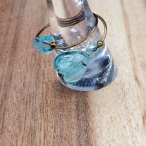 Blue Aquamarine Heart Wire Wrap Beaded Self Adjusting One Size Fits Most Ring